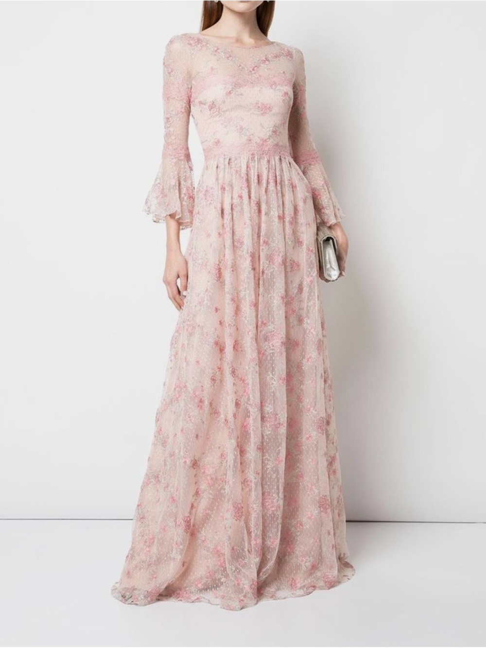Marchesa Notte Gown Maxi Dress Embroidered Lace Floral Flounce Sleeves Wedding